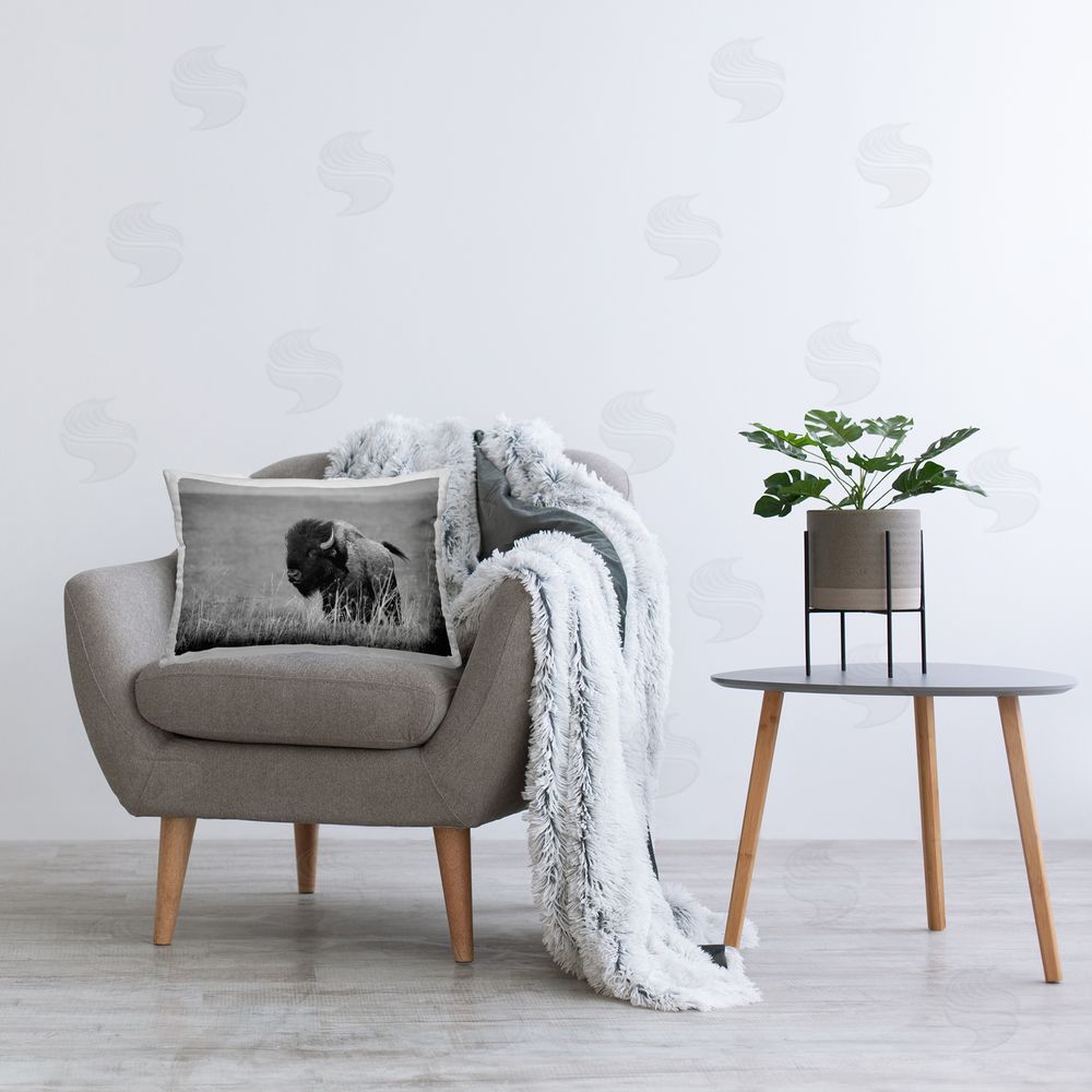 Steve Toole Bison with Reeds Printed Plush Polyester Throw Pillow On Chair