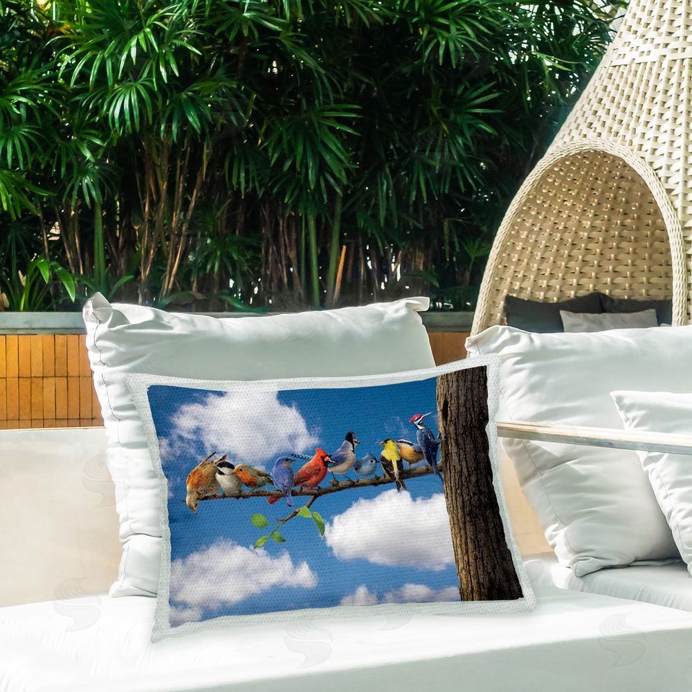 Vincent Hie Various Birds on Branch Outdoor Quick-Dry Polyester Printed Throw Pillow in Back Yard