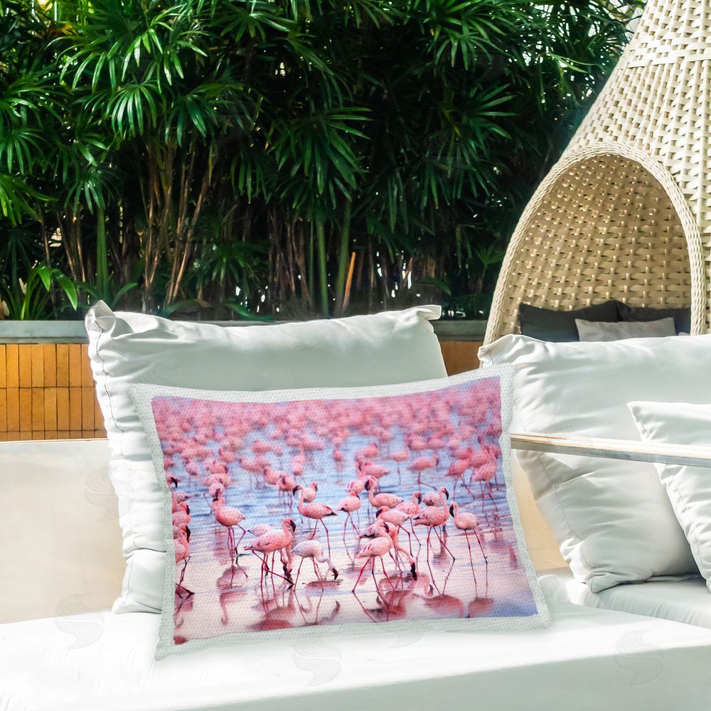 Pink Sherbet Photography Flamingo Flock on Beach Outdoor Quick-Dry Polyester Printed Throw Pillow in Back Yard