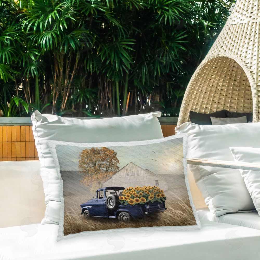 Lori Deiter Sunflower Truck Farm Outdoor Quick-Dry Polyester Printed Throw Pillow in Back Yard