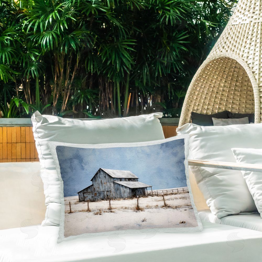 Ray Powers Winter Barn Landscape Outdoor Quick-Dry Polyester Printed Throw Pillow in Back Yard