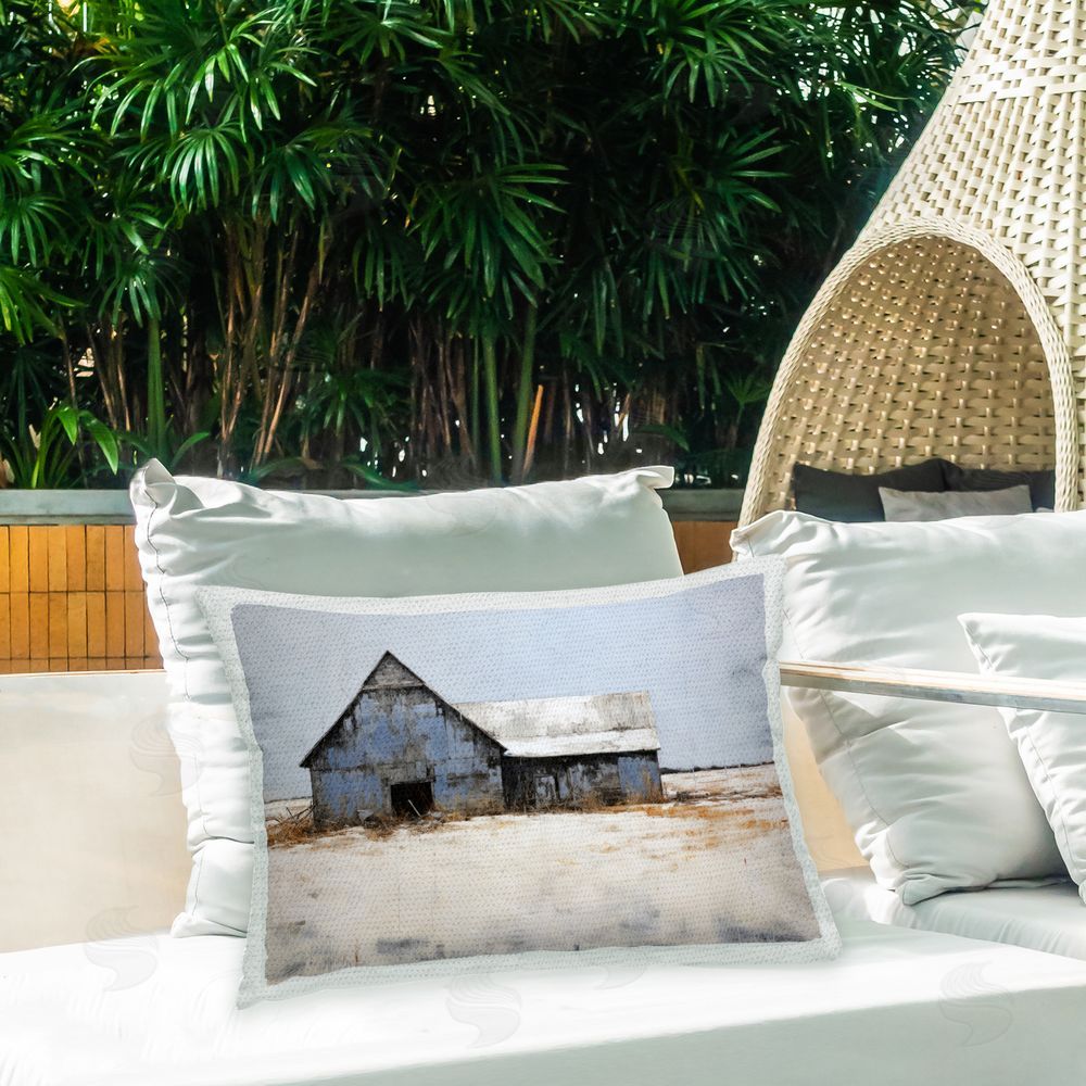 Ray Powers Country Barn in Winter Outdoor Quick-Dry Polyester Printed Throw Pillow in Back Yard