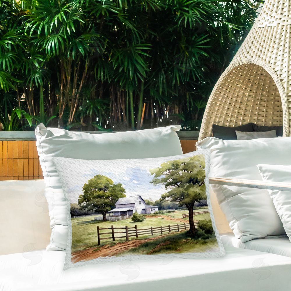 Ray Powers Rural Cottage Scenery Outdoor Quick-Dry Polyester Printed Throw Pillow in Back Yard