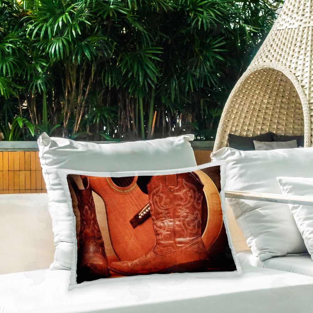 Daniel Sproul Western Boots & Guitar Outdoor Quick-Dry Polyester Printed Throw Pillow in Back Yard