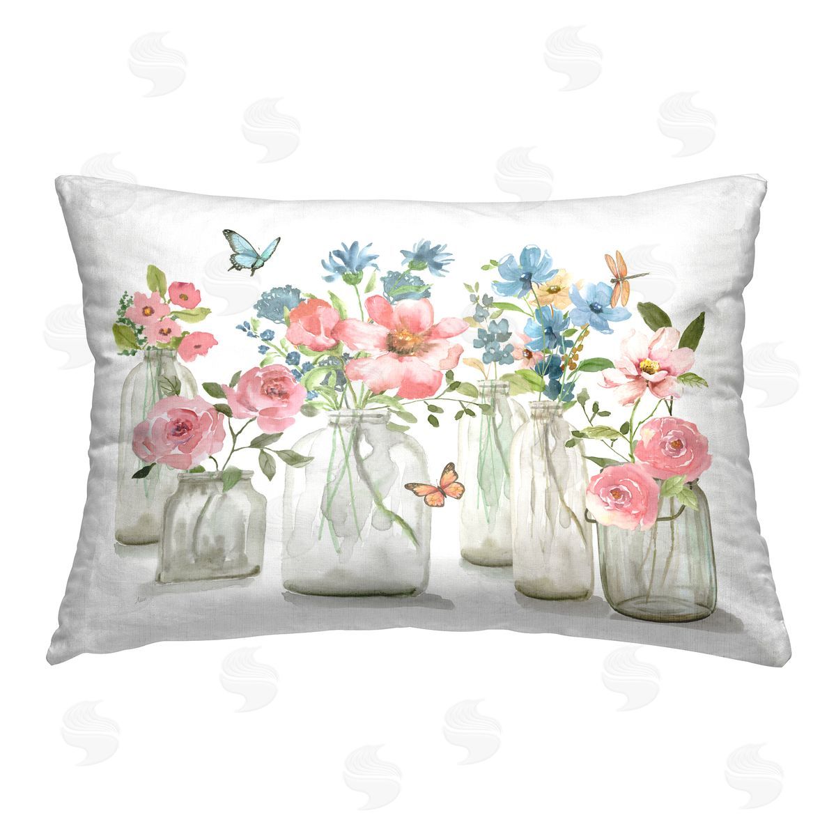 Nan Pink & Blue Florals Printed Plush Polyester Throw Pillow