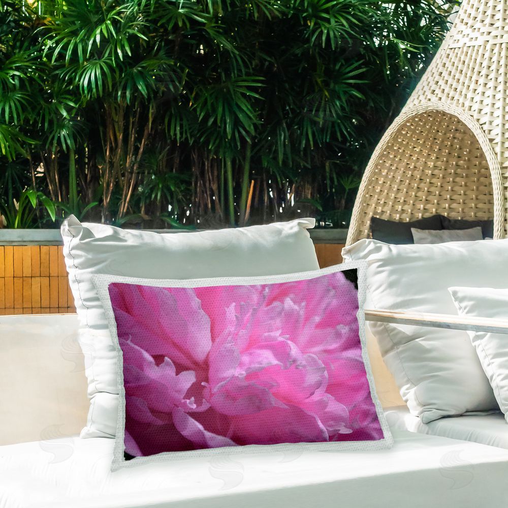 Michelle Calkins Pink Petals Close Up Outdoor Quick-Dry Polyester Printed Throw Pillow in Back Yard