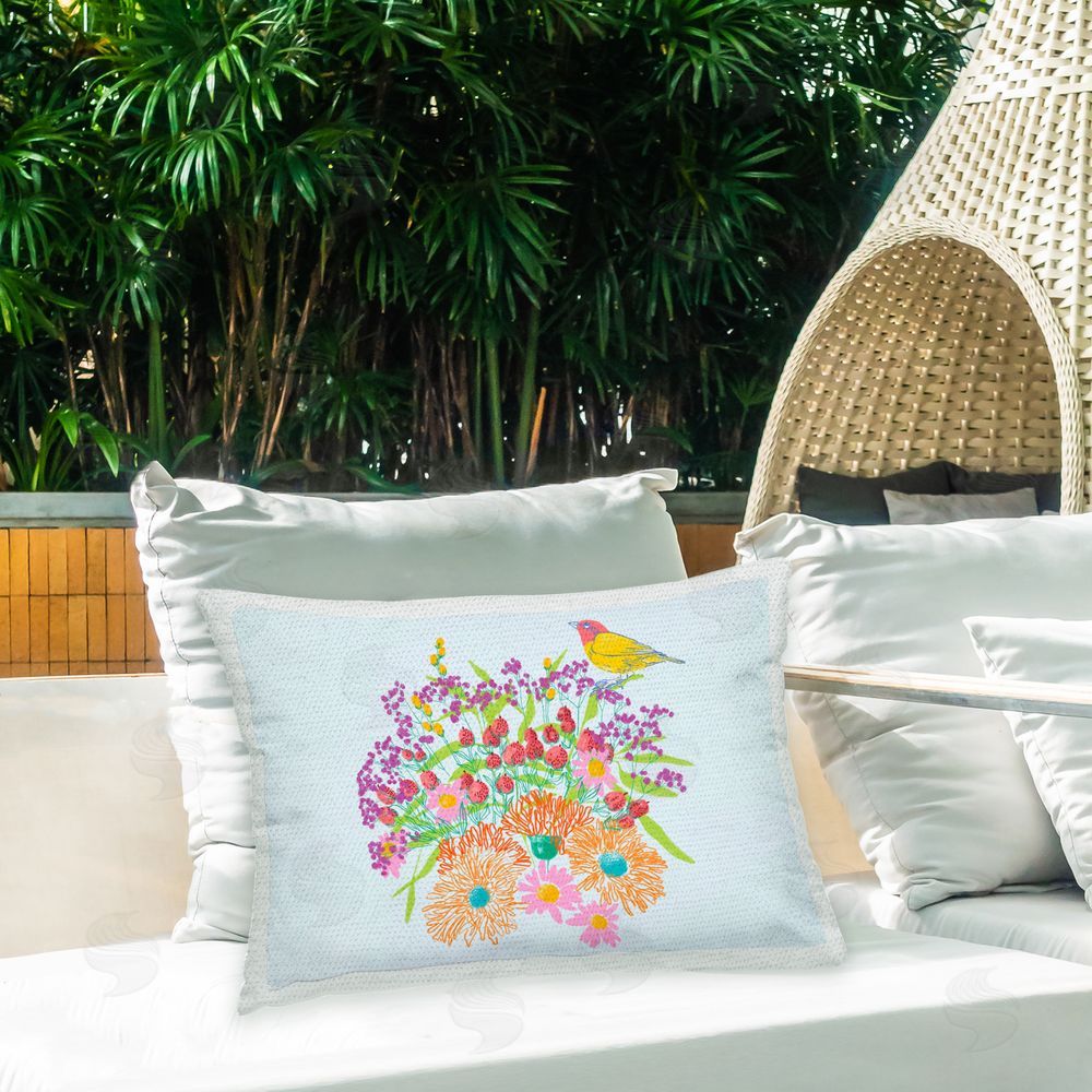 Pragya Kothari Vivid Blooms & Bird Outdoor Quick-Dry Polyester Printed Throw Pillow in Back Yard