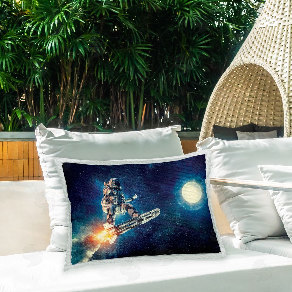 Neo Mechanica Astronaut on Spaceship Outdoor Quick-Dry Polyester Printed Throw Pillow in Back Yard