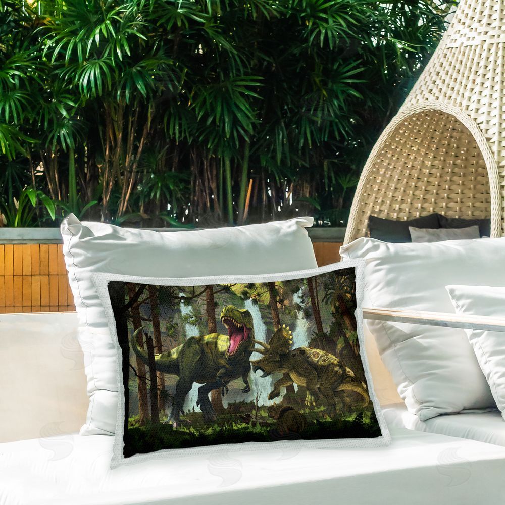 Vincent Hie Dinosaurs in Rainforest Outdoor Quick-Dry Polyester Printed Throw Pillow in Back Yard
