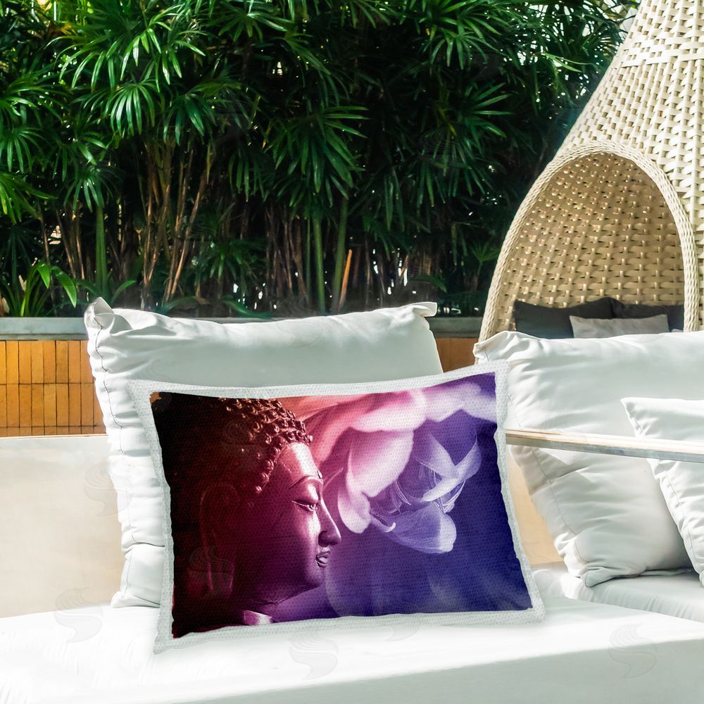 NirvanaDesigns Buddha & Flower Petals Outdoor Quick-Dry Polyester Printed Throw Pillow in Back Yard