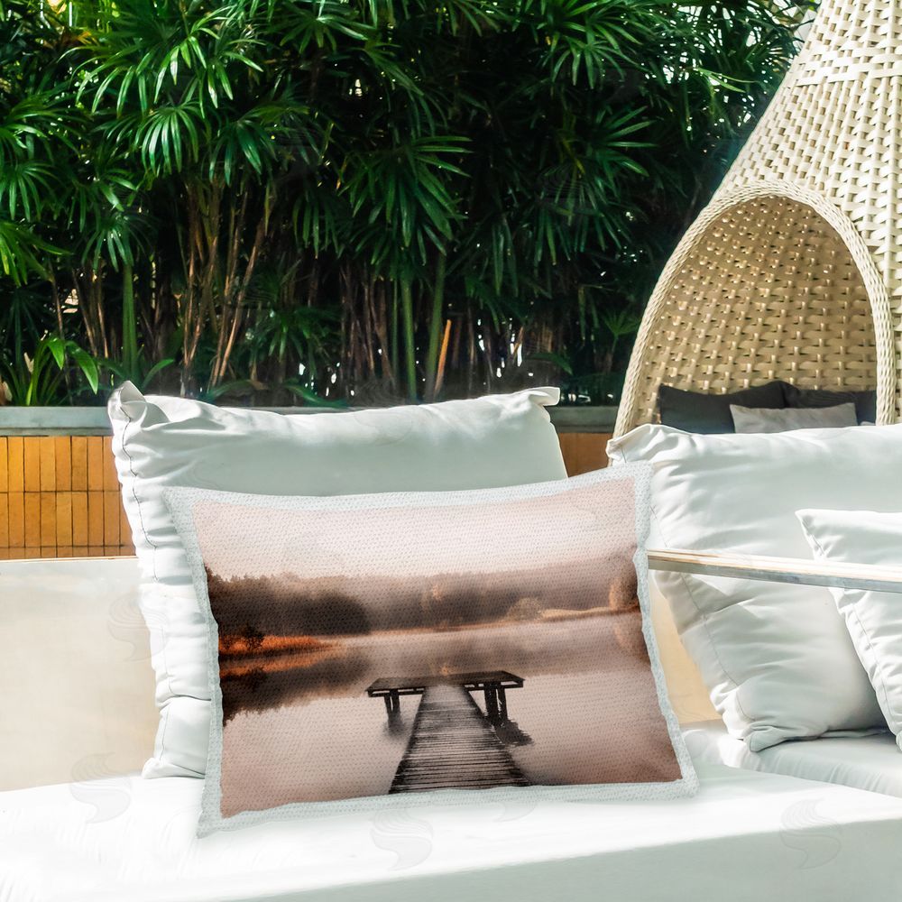 Irene Weisz Misty Lake Dock Outdoor Quick-Dry Polyester Printed Throw Pillow in Back Yard