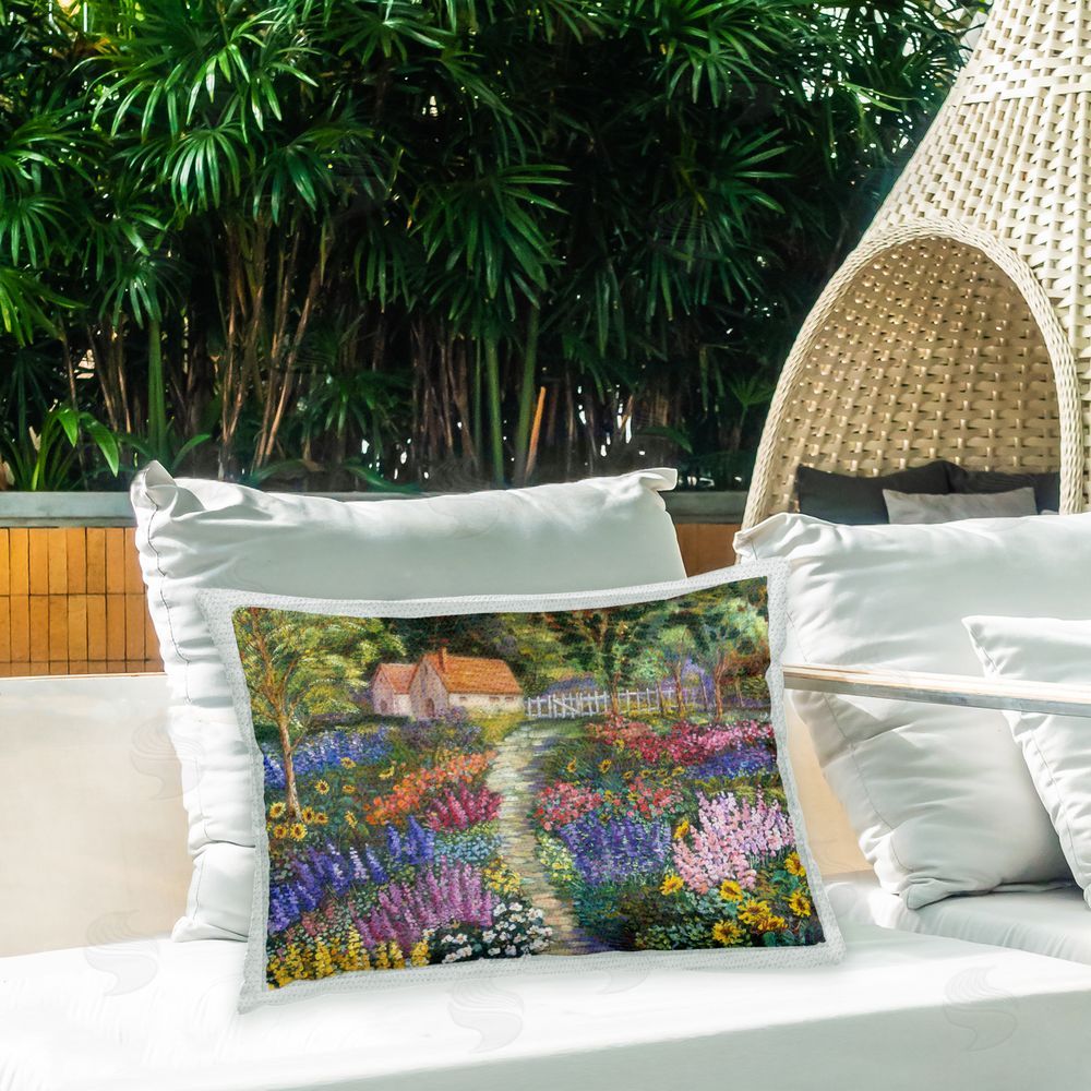 Alexi Fine Floral Garden Cottage Outdoor Quick-Dry Polyester Printed Throw Pillow in Back Yard