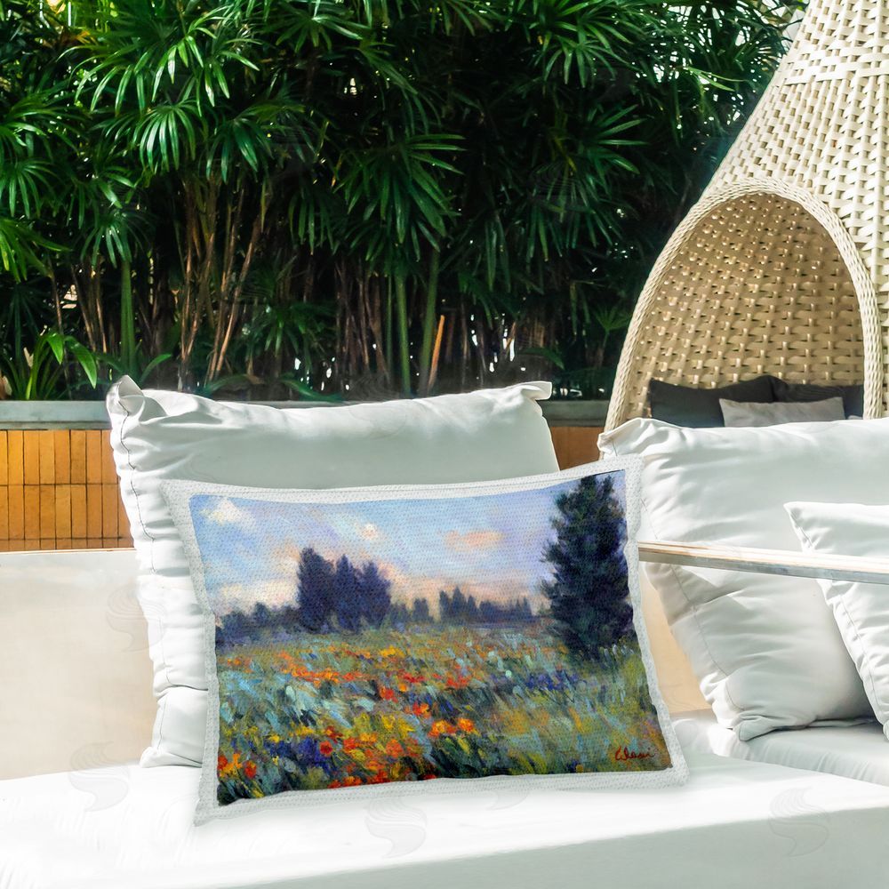 Alexi Fine Meadow Flower Field Outdoor Quick-Dry Polyester Printed Throw Pillow in Back Yard
