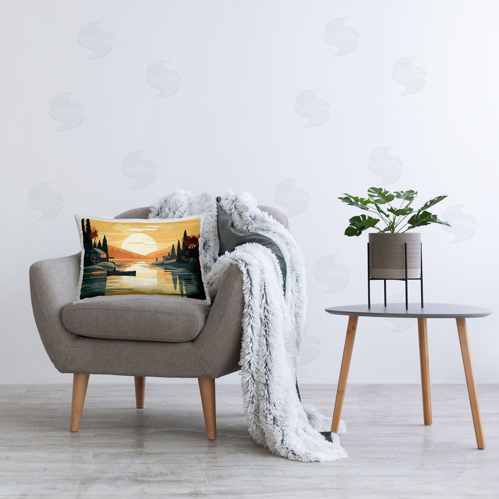 Ziwei Li Canoe & Lake Sunset Printed Plush Polyester Throw Pillow On Chair