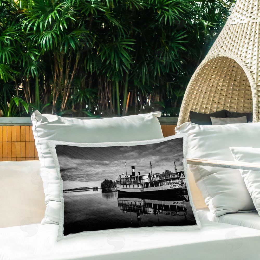 Daniel Sproul Ferry at Boat Pier Outdoor Quick-Dry Polyester Printed Throw Pillow in Back Yard