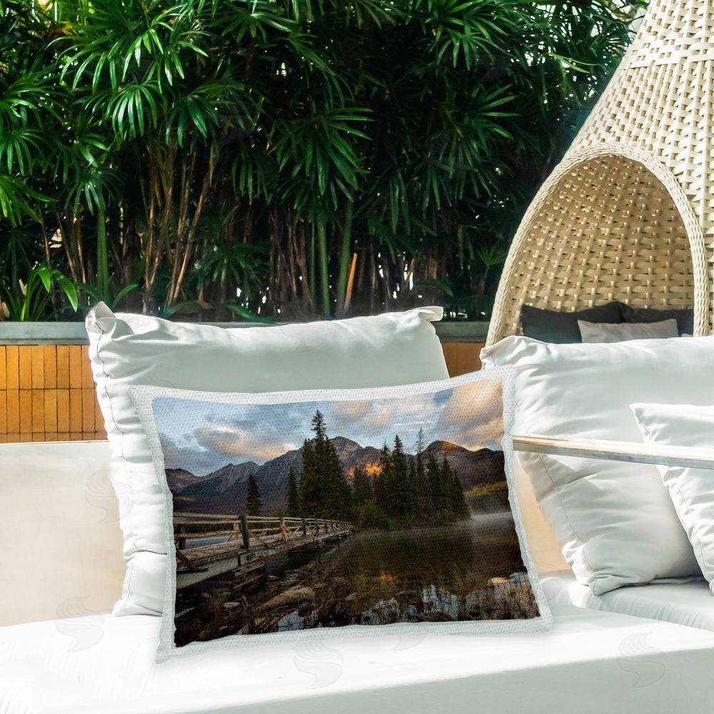 Daniel Sproul Sunlit Lake Bridge Outdoor Quick-Dry Polyester Printed Throw Pillow in Back Yard