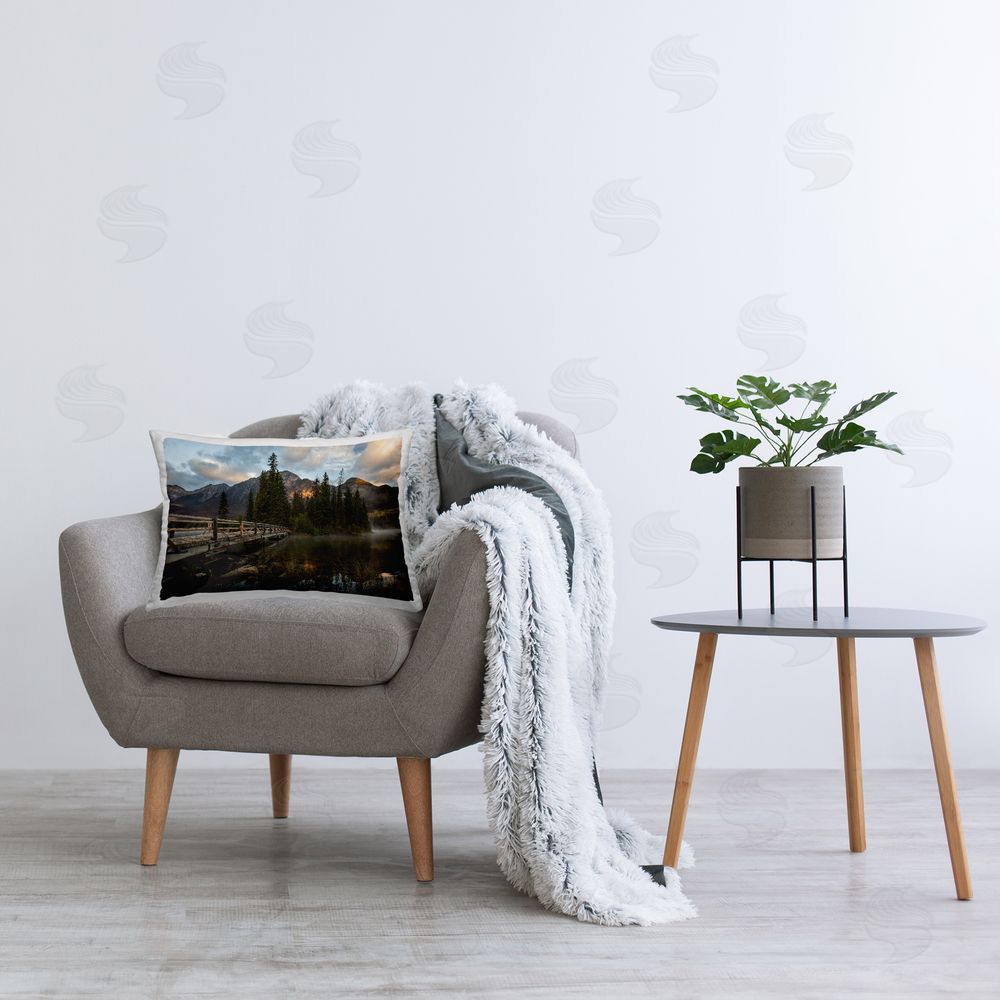 Daniel Sproul Sunlit Lake Bridge Printed Plush Polyester Throw Pillow On Chair