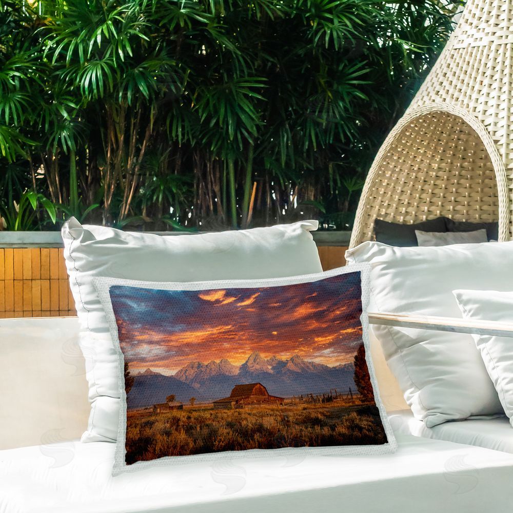 Daniel Sproul Mountain Cabin Sunrise Outdoor Quick-Dry Polyester Printed Throw Pillow in Back Yard