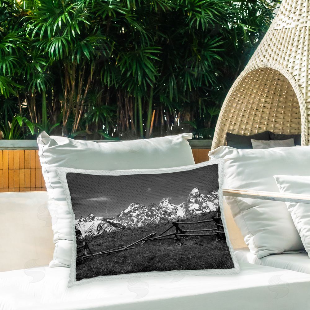 Daniel Sproul Fence & Mountain Peaks Outdoor Quick-Dry Polyester Printed Throw Pillow in Back Yard