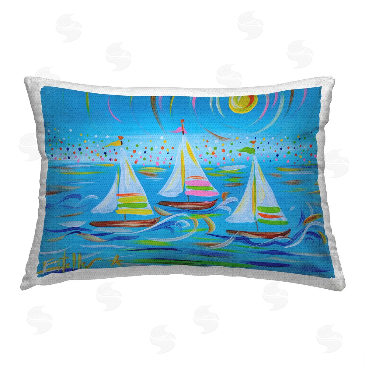 Estelle Grengs Blue Modern Sailboats Outdoor Quick-Dry Polyester Printed Throw Pillow