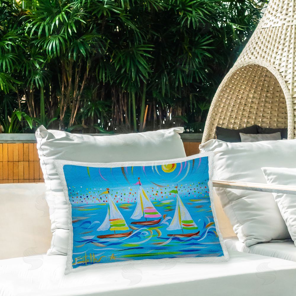 Estelle Grengs Blue Modern Sailboats Outdoor Quick-Dry Polyester Printed Throw Pillow in Back Yard