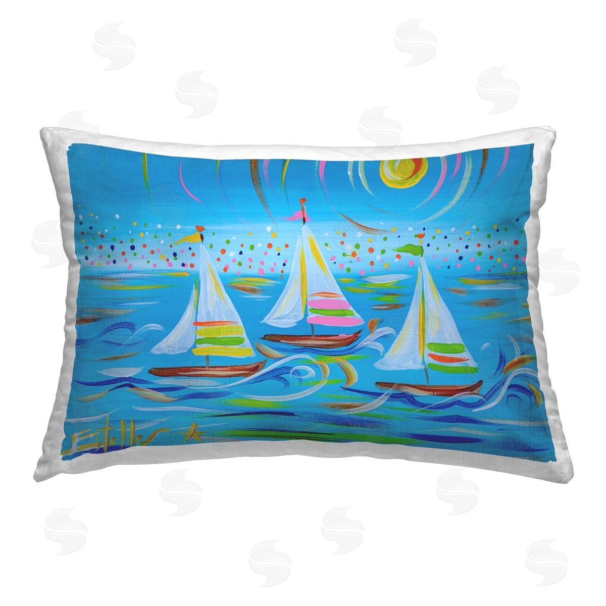 Estelle Grengs Blue Modern Sailboats Printed Plush Polyester Throw Pillow