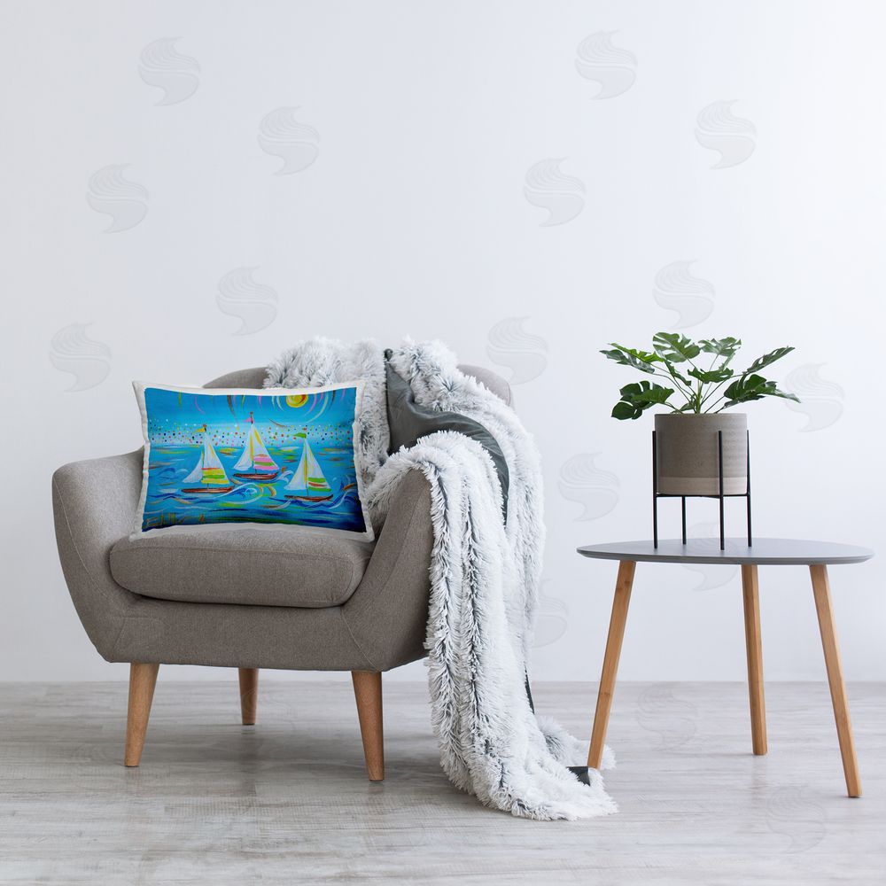 Estelle Grengs Blue Modern Sailboats Printed Plush Polyester Throw Pillow On Chair
