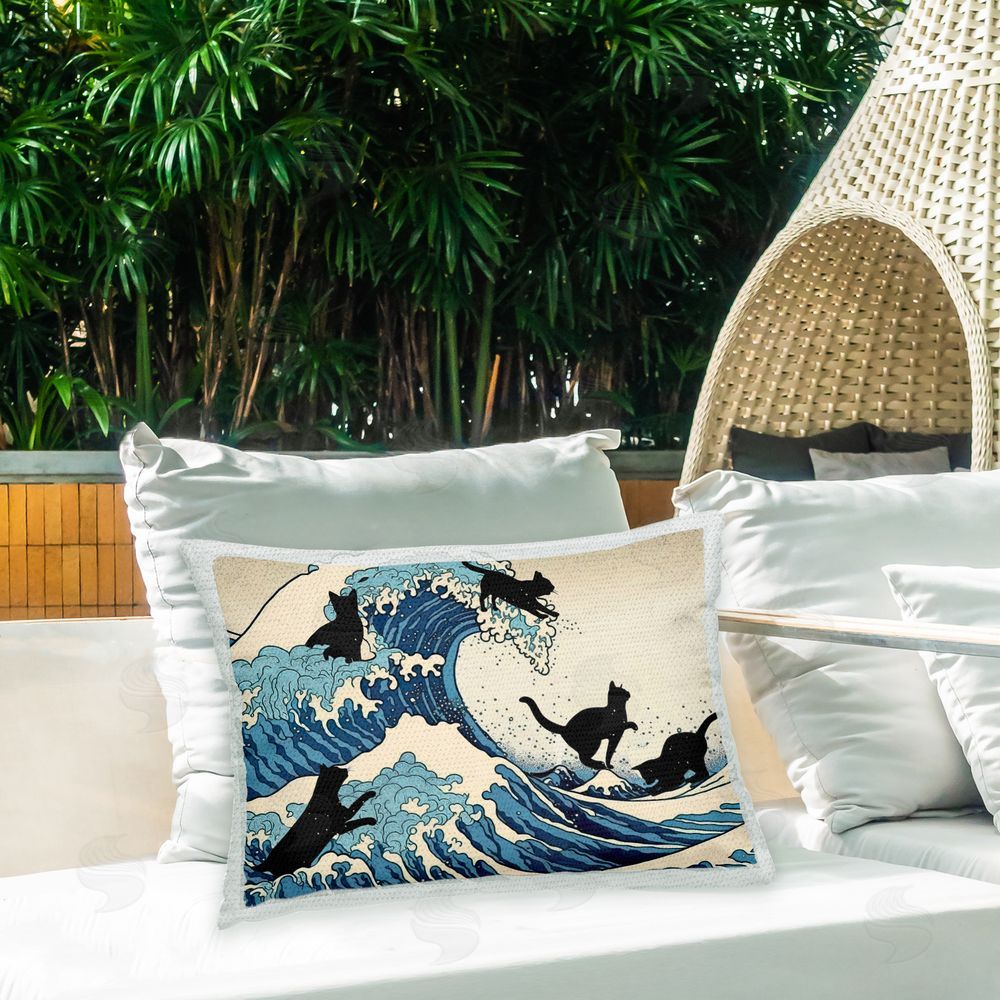 Furry Portraits Cats & Tsunami Wave Outdoor Quick-Dry Polyester Printed Throw Pillow in Back Yard