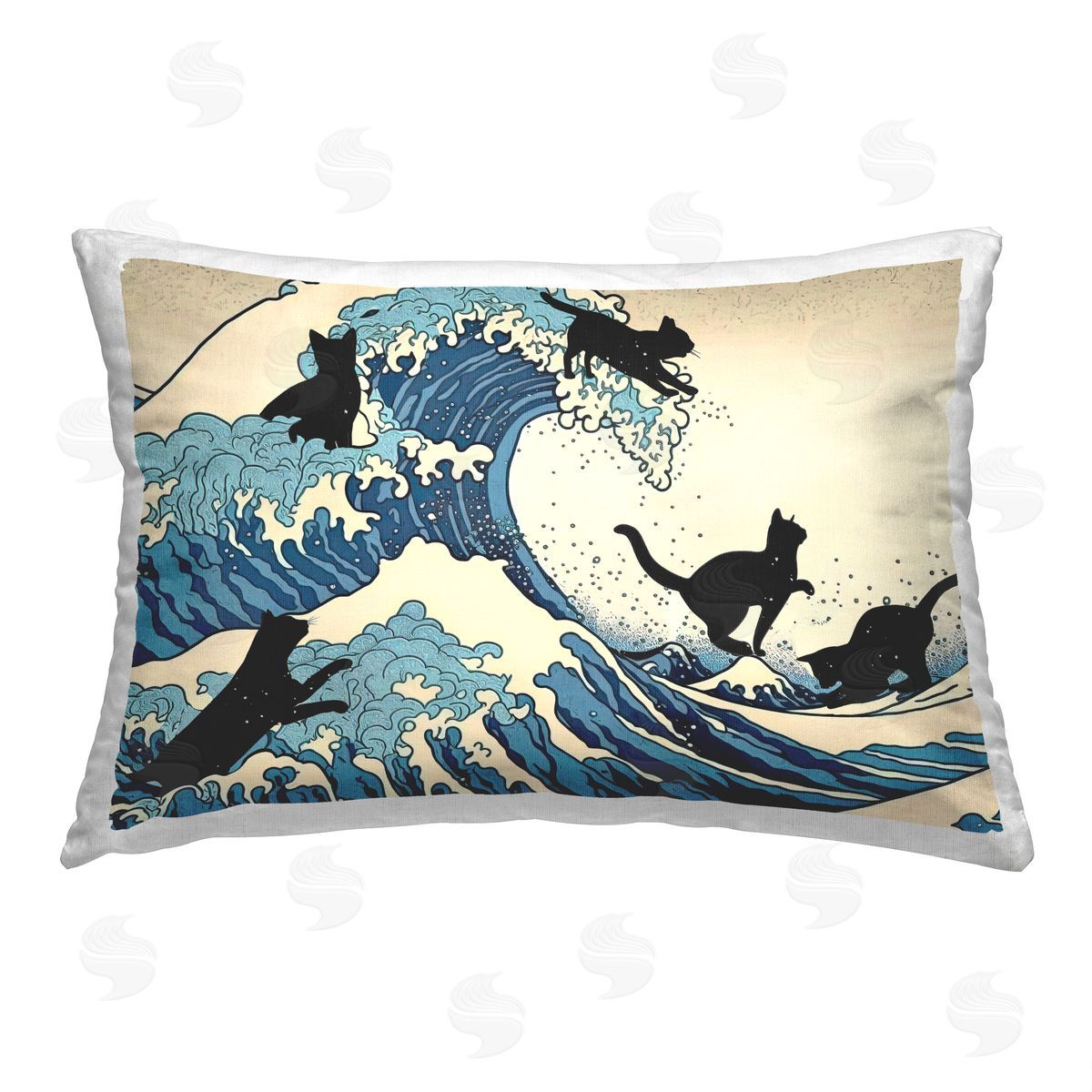 Furry Portraits Cats & Tsunami Wave Printed Plush Polyester Throw Pillow