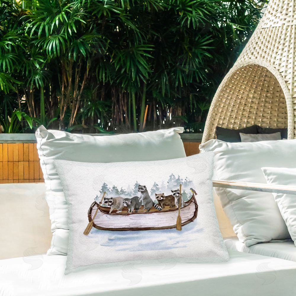 Masey St. Studios Raccoons on Rowboat Outdoor Quick-Dry Polyester Printed Throw Pillow in Back Yard