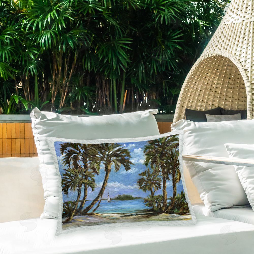 Paul Brent Palm Trees on Shore Outdoor Quick-Dry Polyester Printed Throw Pillow in Back Yard
