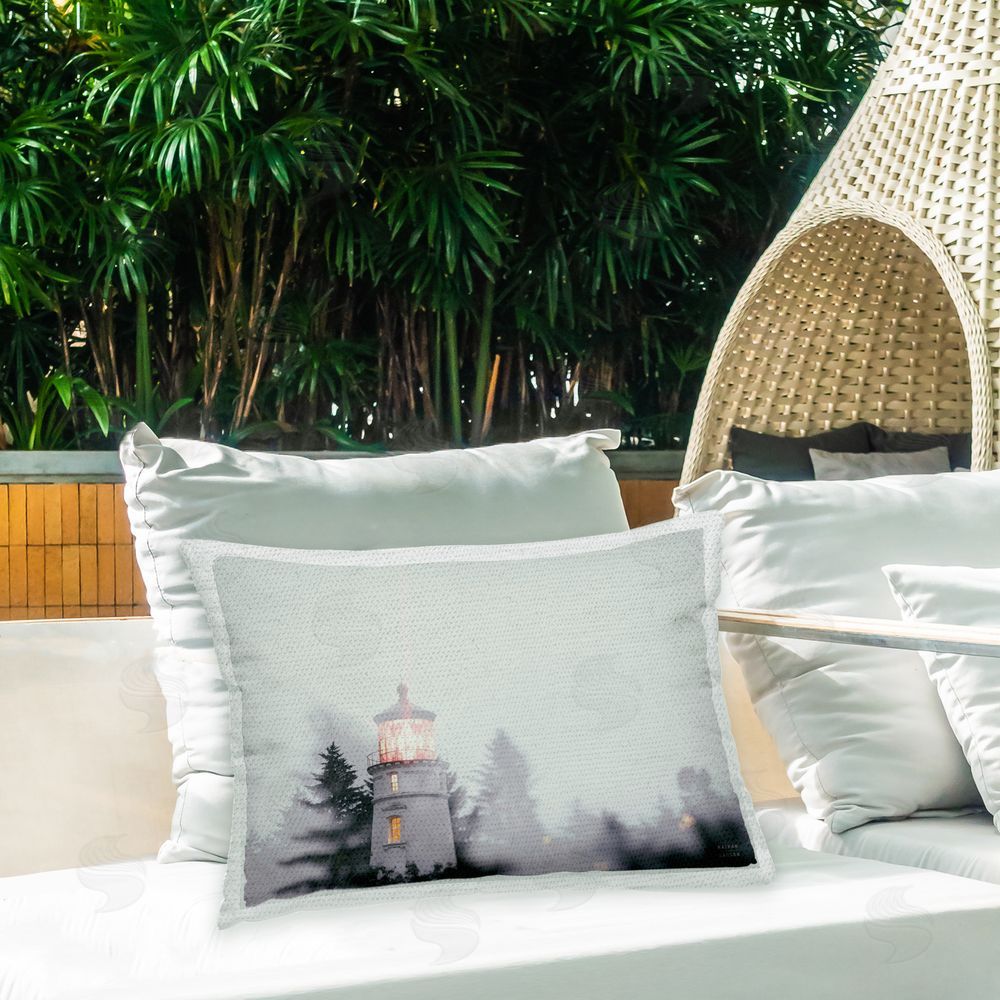 Nathan Larson Lighthouse & Pine Trees Outdoor Quick-Dry Polyester Printed Throw Pillow in Back Yard