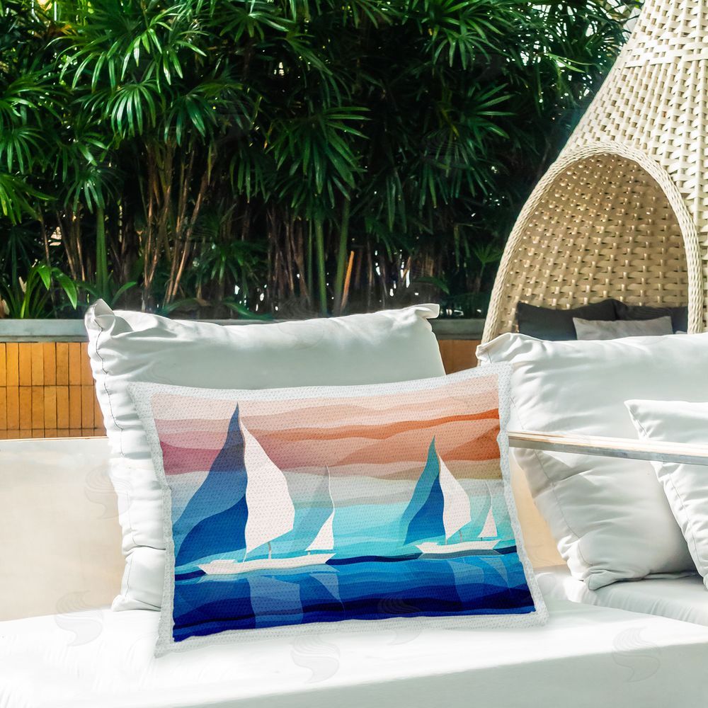 Ziwei Li Blue Geometric Sailboats Outdoor Quick-Dry Polyester Printed Throw Pillow in Back Yard