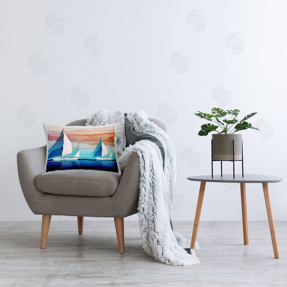 Ziwei Li Blue Geometric Sailboats Printed Plush Polyester Throw Pillow On Chair