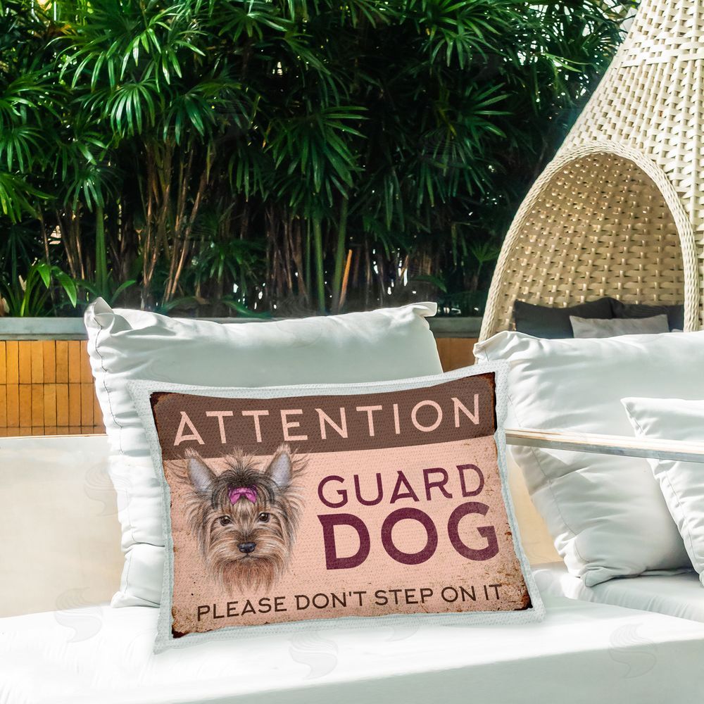 Retro Revivals Collective Attention Guard Dog Phrase Outdoor Quick-Dry Polyester Printed Throw Pillow in Back Yard