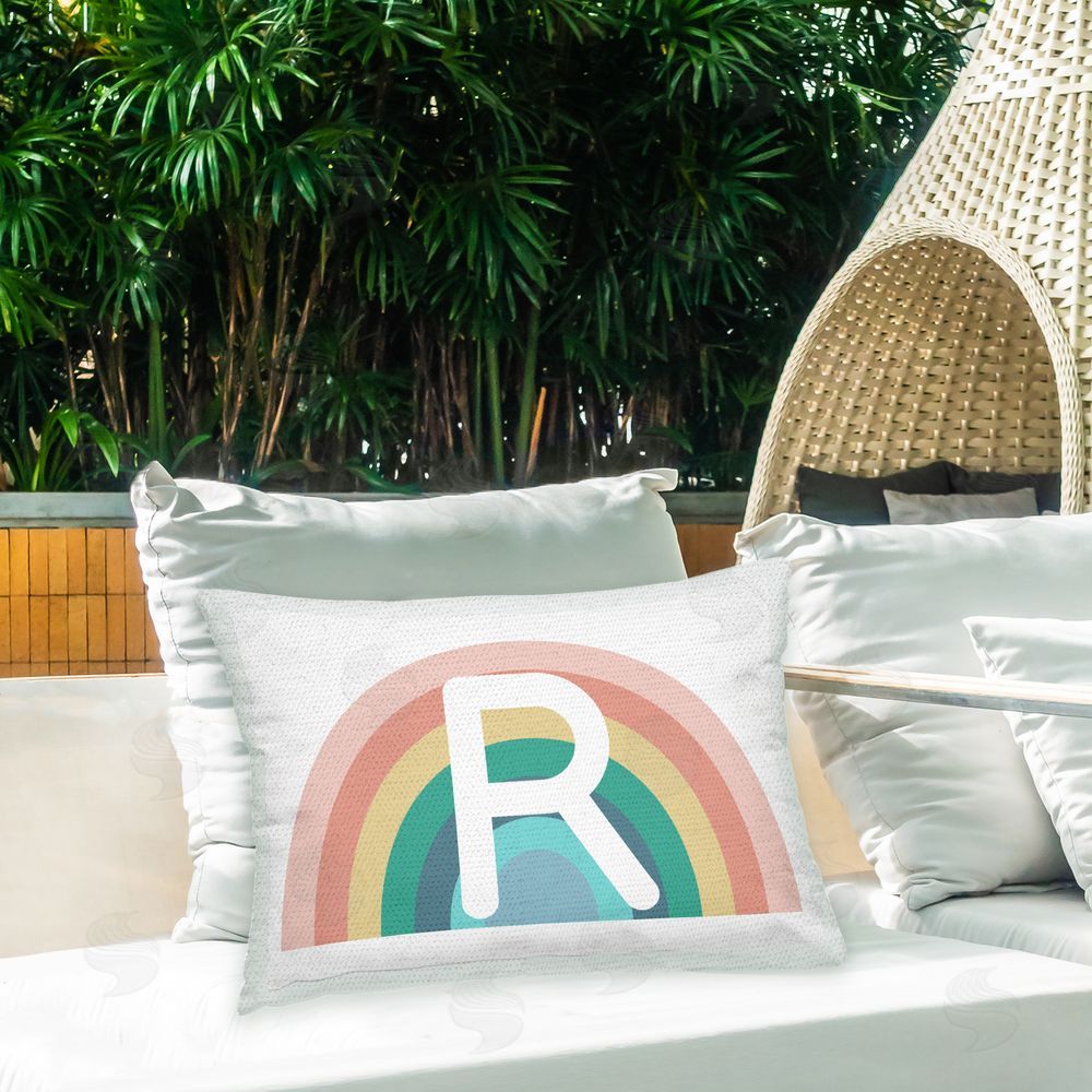 Daphne Polselli Rainbow Initial R Outdoor Quick-Dry Polyester Printed Throw Pillow in Back Yard