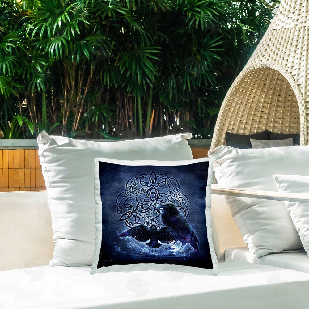 Brigid Ashwood Blue Celtic Raven Outdoor Quick-Dry Polyester Printed Throw Pillow in Back Yard
