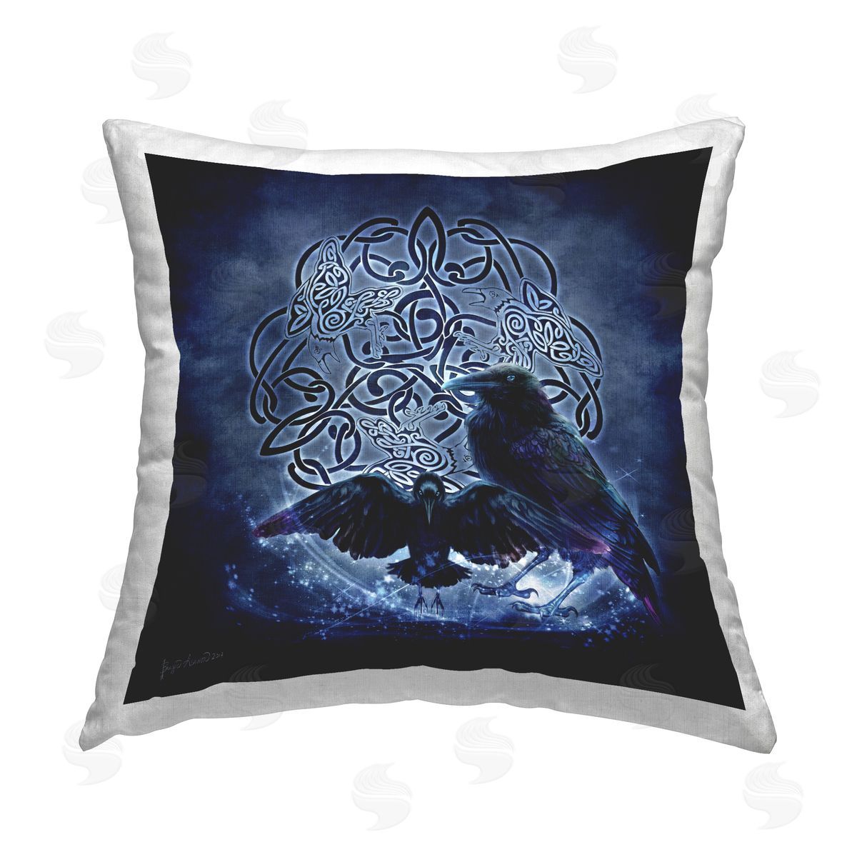 Brigid Ashwood Blue Celtic Raven Printed Plush Polyester Throw Pillow