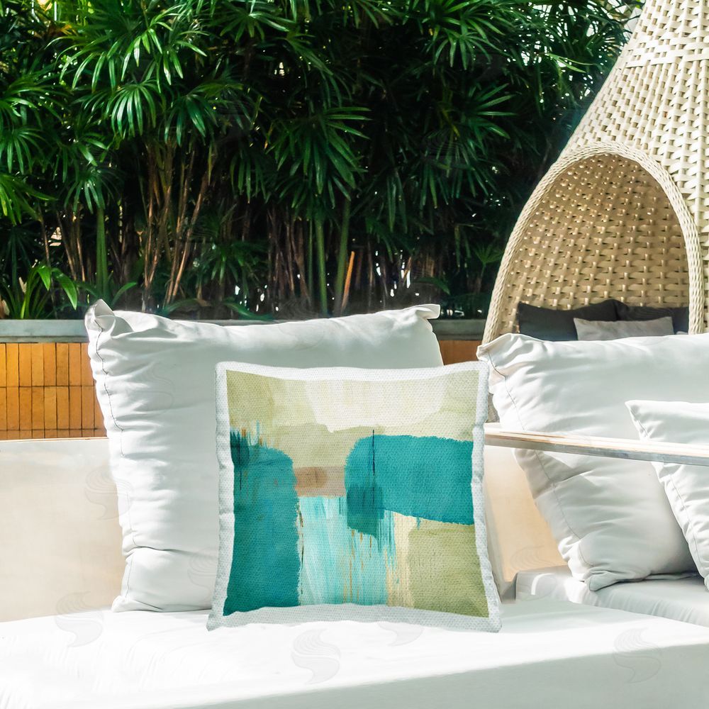 Flora Kouta Teal Shapes Abstraction Outdoor Quick-Dry Polyester Printed Throw Pillow in Back Yard