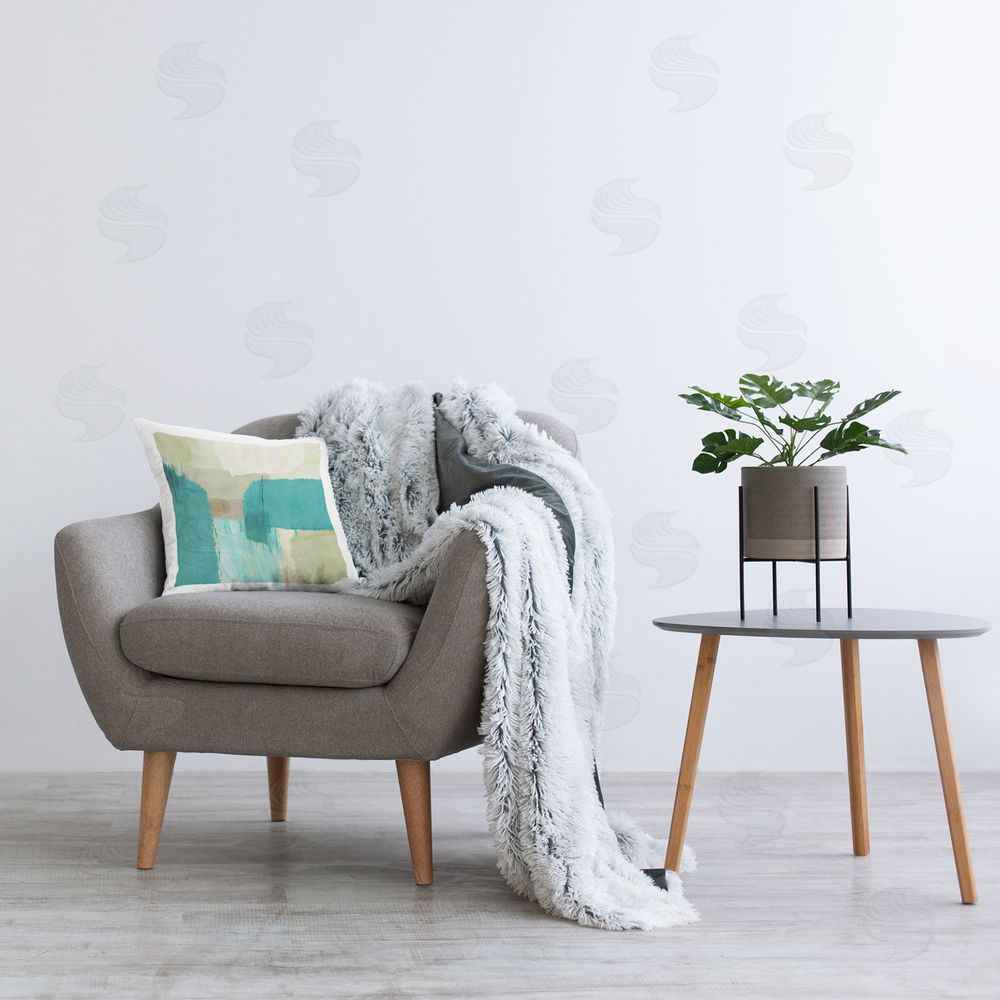 Flora Kouta Teal Shapes Abstraction Printed Plush Polyester Throw Pillow On Chair