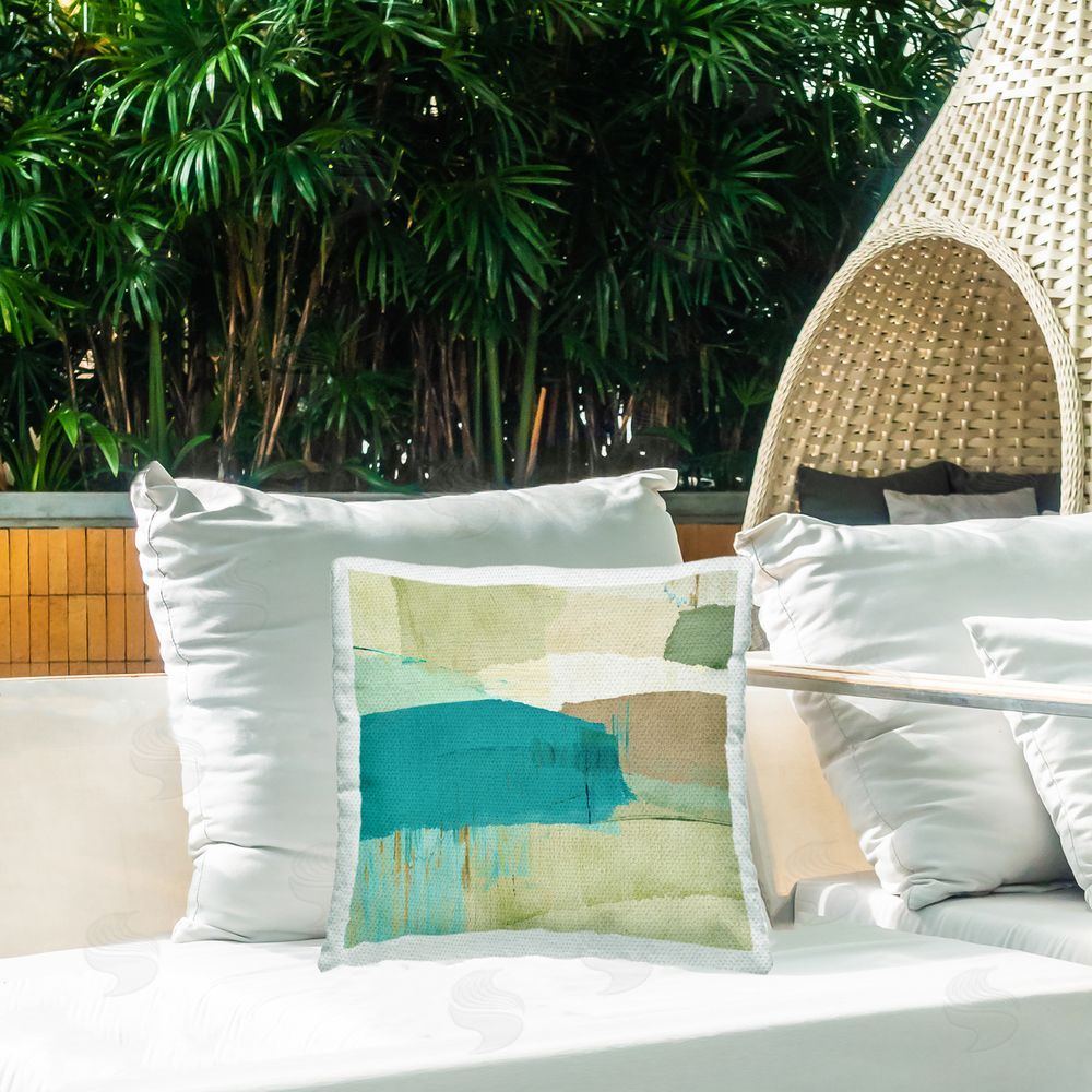 Flora Kouta Teal & Beige Abstract Outdoor Quick-Dry Polyester Printed Throw Pillow in Back Yard
