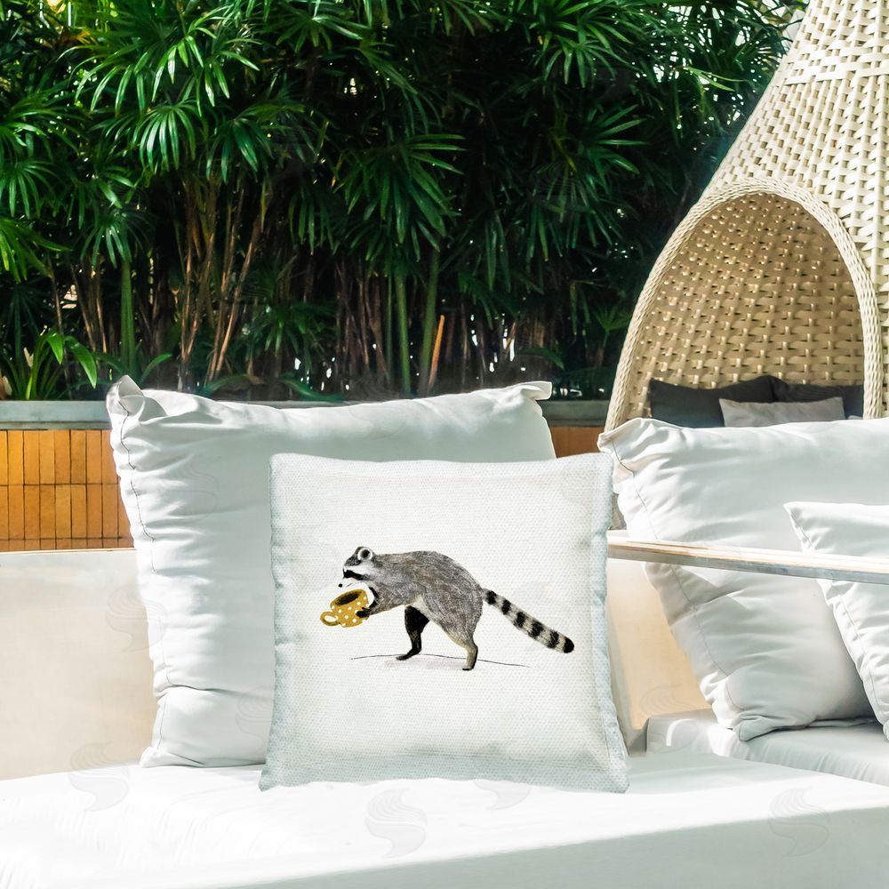Victoria Barnes Raccoon & Coffee Mug Outdoor Quick-Dry Polyester Printed Throw Pillow in Back Yard