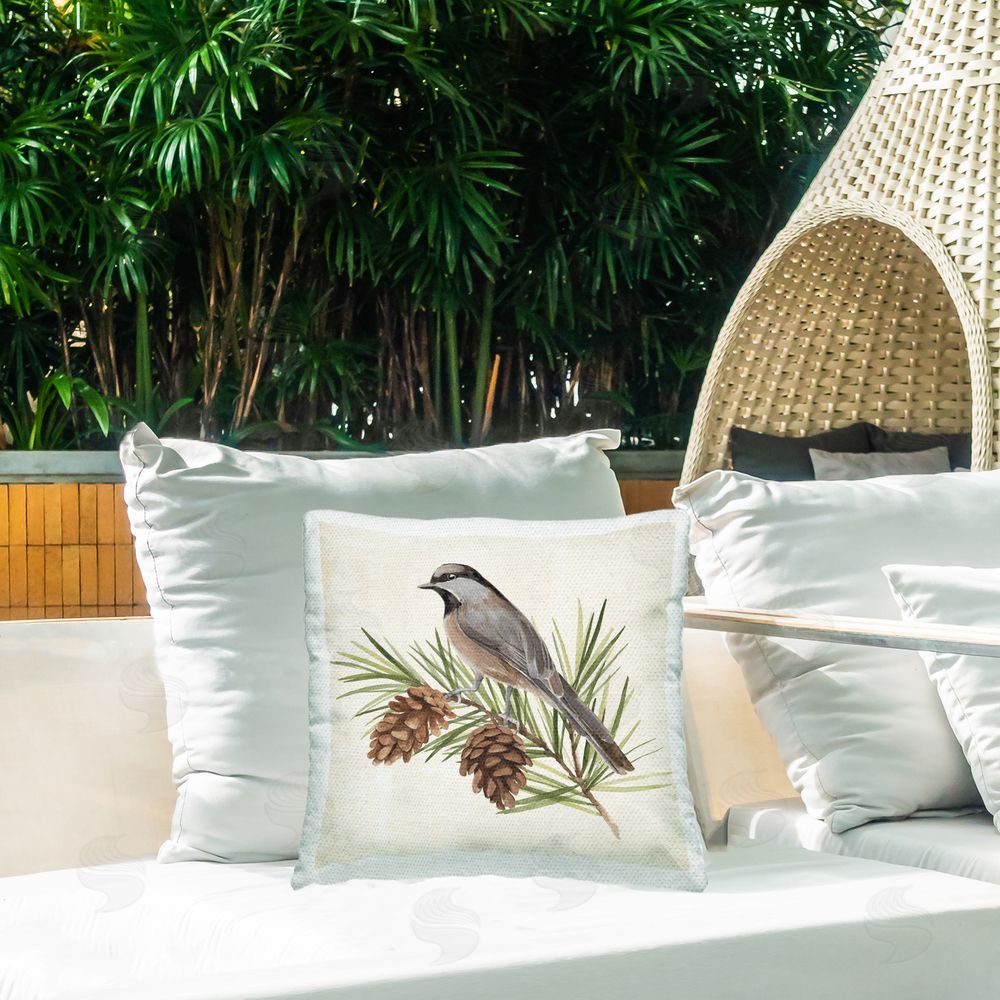 Annie Warren Bird with Pinecones Outdoor Quick-Dry Polyester Printed Throw Pillow in Back Yard