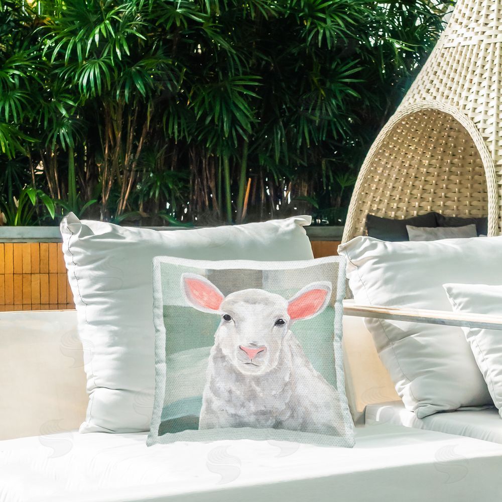 Annie Warren White Sheep Portrait Outdoor Quick-Dry Polyester Printed Throw Pillow in Back Yard