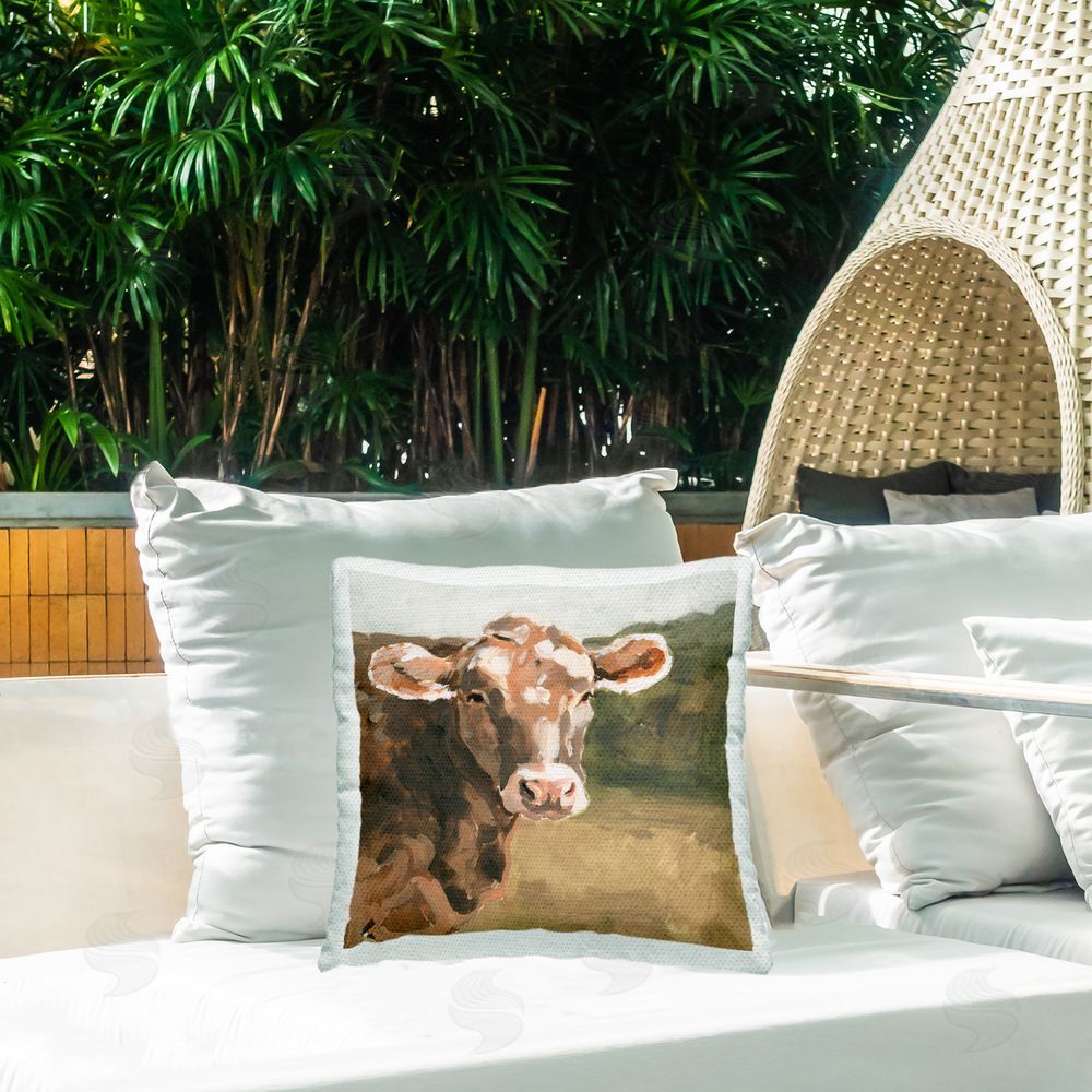 Victoria Barnes Traditional Cow Portrait Outdoor Quick-Dry Polyester Printed Throw Pillow in Back Yard
