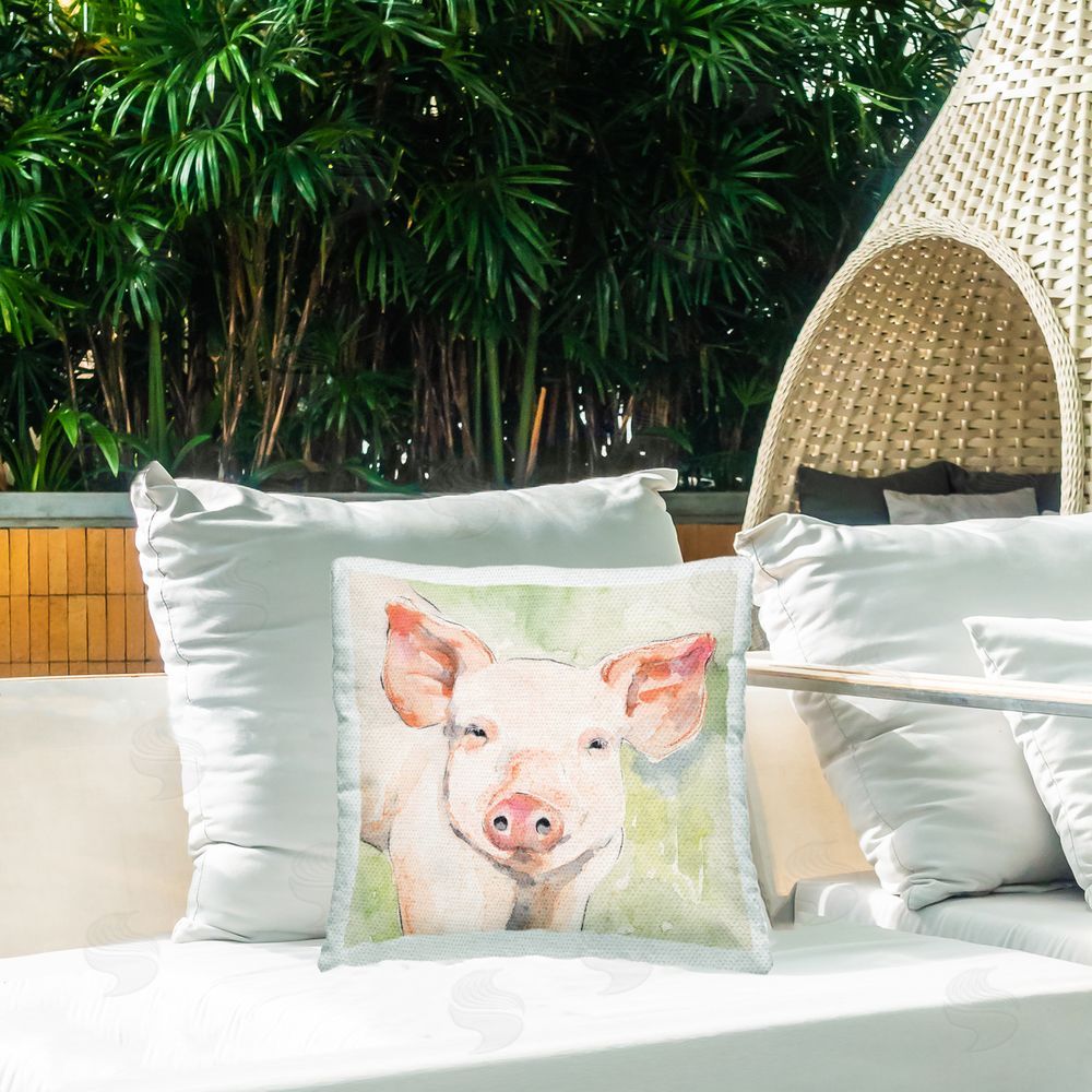 Victoria Barnes Pink Pig on Green Outdoor Quick-Dry Polyester Printed Throw Pillow in Back Yard