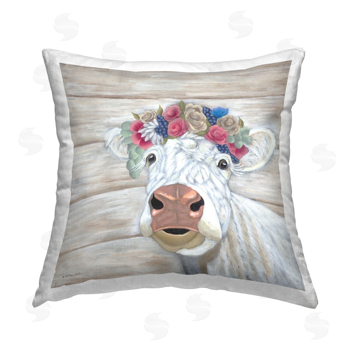 Ashley Justice Cow with Floral Crown Printed Plush Polyester Throw Pillow