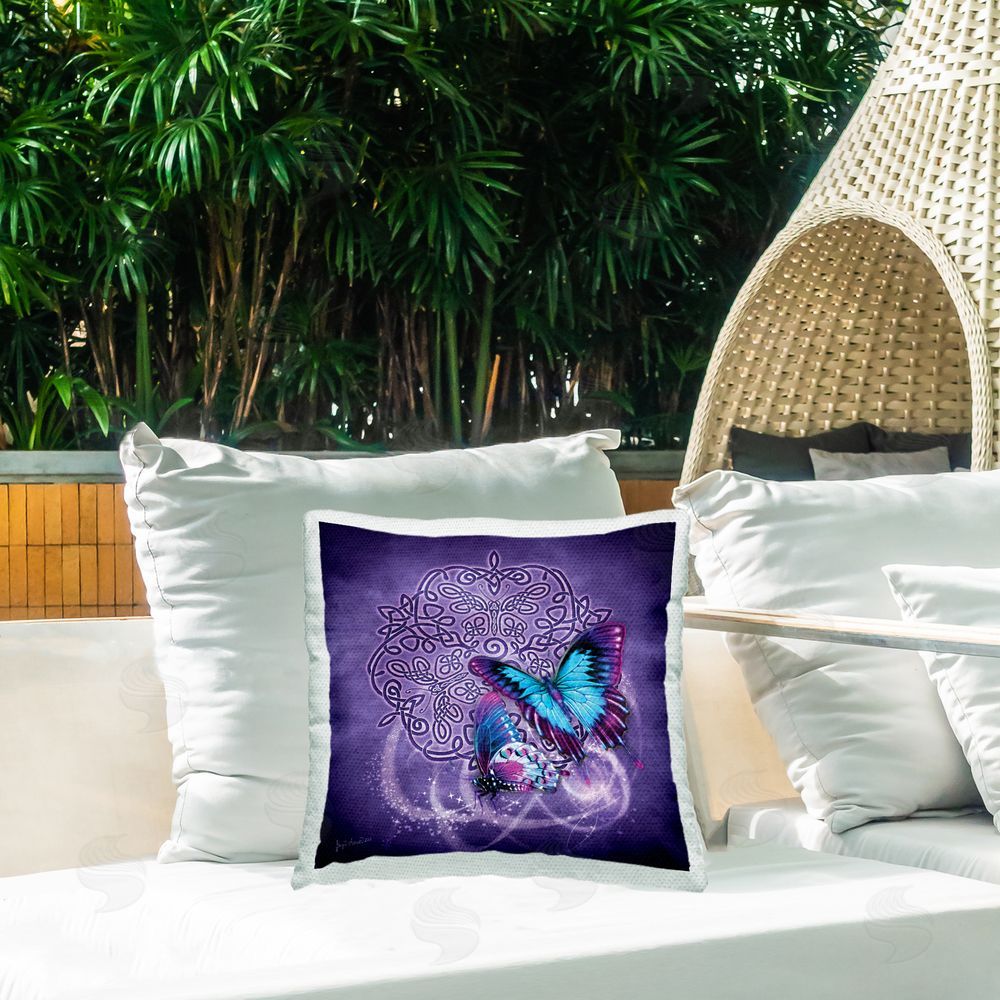 Brigid Ashwood Purple Celtic Butterfly Outdoor Quick-Dry Polyester Printed Throw Pillow in Back Yard