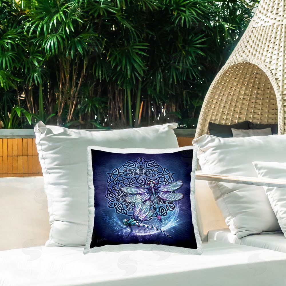 Brigid Ashwood Blue Celtic Dragonfly Outdoor Quick-Dry Polyester Printed Throw Pillow in Back Yard