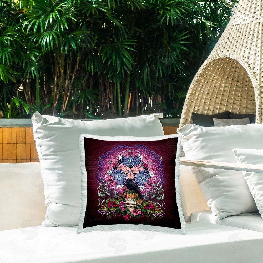 Brigid Ashwood Celtic Morrigans Raven Outdoor Quick-Dry Polyester Printed Throw Pillow in Back Yard